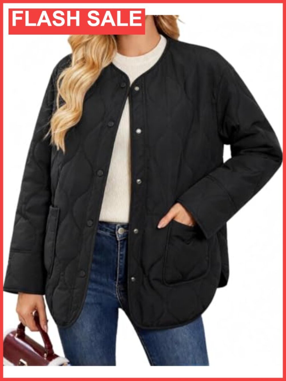Oversized Quilted Lightweight Jacket Collarless Snap Front Fall Casual